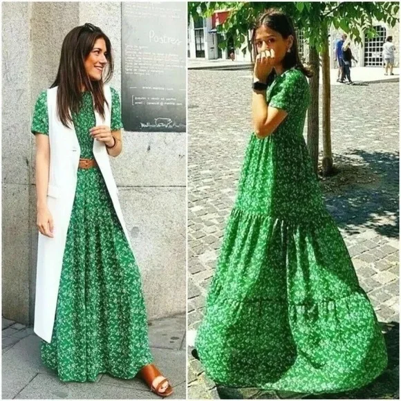 💚Zara💚Size USA M Gorgeous green smocked tiered maxi dress - Picture 3 of 6